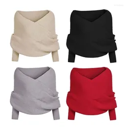 Scarves Women's Knitted Winter Scarf Sweater Long Sleeves Front Solid Color V Neck Pullover Loose