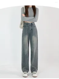 Women's Jeans Washed Retro Blue Wide-leg Slim Loose Straight Mop Pants High Waist Old.