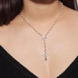 Sparkly Cross Pendant Choker Necklace Long Imitation Pearl Beaded Chain Rosary Madonna Coin Necklaces Pendants Religious Jewelry219q