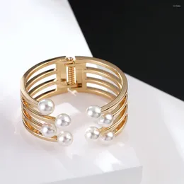 Bangle Imitation Pearl Cuff Bracelets For Women Stainless Steel Hollow Alloy Charm Accessories Geometric Open Bangles Party