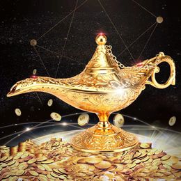 KiWarm Classic Metal Carved Aladdin Lamp Light Wishing Tea Oil Pot Decoration Collectable Saving Collection Arts Craft Gift Y20010281M