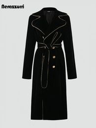 Women's Trench Coats Nerazzurri Autumn Long Luxury Elegant Chic Black Velvet Coat Women Sashes Double Breasted Plus Size Luxury Designer Clothes 231204