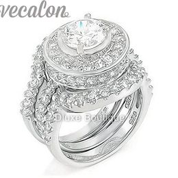 Vecalon fashion ring Simulated diamond Cz 3-in-1 Engagement Band Wedding Ring Set for Women 10KT White Gold Filled finger ring249T