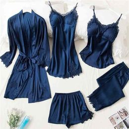 Blue Silk Pyjamas Summer Autumn Spring 5 Pieces Set Elegant Women Pajamas Top Elastic Waist Pants Lounge Sleepwear Homewear 210831251T