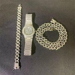 Hip Hop Necklace Watch Bracelet Bling Iced Out Miami Zircon Cuban Full Pave Rhinestone Men Bracelet Necklace For Men Jewelry294u