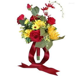 Decorative Flowers Bridal Wedding Bouquets Artificial Red (Rose Sunflowers Bouquet) Drop