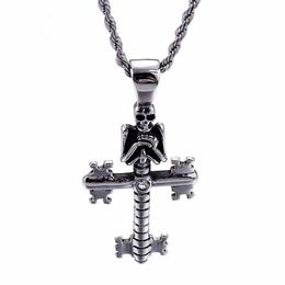 Punk Evil Skull Pendant Necklaces For Men Stainless Steel Cross Chain Gothic Biker Jewellery Accessories265F