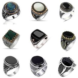 30 Styles Vintage Handmade Turkish Signet Ring for Men Women Ancient Silver Colour Black Onyx Stone Punk Rings Religious Jewelry268w