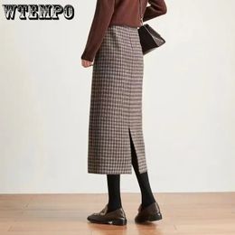 Skirts WTEMPO Classic Plaid Midi Women Autumn Vintage Elegant Office Ladies Behind Slit Designed Allmatch Harajuku Fashion 231204