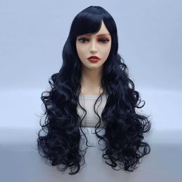 New wig black long curly hair synthetic fiber hair slanted bangs natural girl hair cover