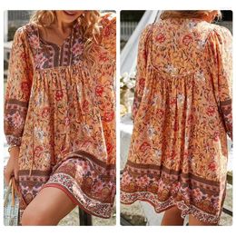 Casual Dresses Bohemian Dress Holiday Style Orange Skirt Flower Printed Leisure Daily Comfortable Wear V-neck Fashionable And R2Q3