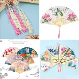 Chinese Style Products Chinese Style Products Hand Held Fans Bamboo Folding Fan Flower Crane Pattern Wooden Wedding Dance Handheld Orn Dhciv