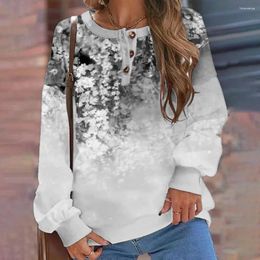 Women's Hoodies Round Neck Female Sweatshirt Boho Floral Print With O 3 Button Decor Casual Long Sleeves For Fall/autumn