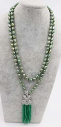 Chains Freshwater Pearl Green Agates & Stone Beads Peafowl Clasp Necklace 45"