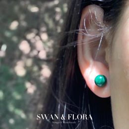 Stud Earrings 8MM Natural Malachite 925 Silver Earring For Women Sterling Cute Gift Prevent Allergy Fine Jewellery