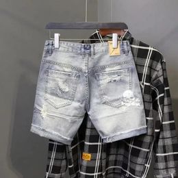 Jeans Summer Ripped Hole Beggar Short Pants Men's Personality Skeleton Skull Printed Korean Slim Fitting Cowboy Denim Shorts 2024