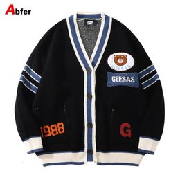 Men's Sweaters Abfer Autumn Knitted Cardigan Sweater Winter Clothes Kawaii Bear Embroidery Button down Oversized Coat Harajuku Jackets 231205