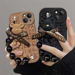 Cell Phone Cases Korean Cute Cartoon 3D Bear Wrist Chain Woolen Lattice Soft Case For iPhone 15 14 13 12 Pro Max 11 X XS XR Lens Protective Cover J231206