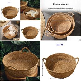 Cat Carriers Crates Houses Carriers Pet Bed Litter Hand Woven Rattan Mat Round Summer Cool Basket Nest Slee Small Kitten Drop Deli Dhry1