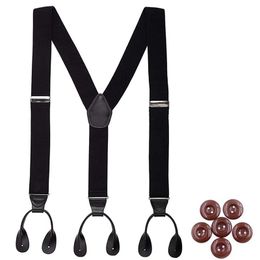 Vintage Suspenders for Men 35cm Width Button End Black Leather Trimmed Y Back Adjustable Elastic Trouser Braces Strap Belt238n