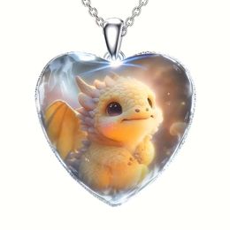 Yellow 1pc Cute Baby Dragon Heart Pendant Necklace Toy for Girls Kids Daughters Adults Anniversary Christmas Birthday Gift