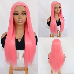 Long Straight Hair Soft Pink Frontal Natural Hairline Heat Resistant Fiber Glueless Synthetic Lace Front Wigs for Fashion Women Party Vacation 24 Inches