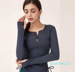 Zipper Long Sleeve Yoga Shirts Sports Quick Dry Thumb Holes Elastic Top Women Workout Gym Clothes