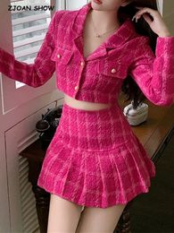 Two Piece Dress Mini jupe plissee en Tweed Rose pour femme ensemble assorti court Blazer taille haute mode 2 pieces 231206