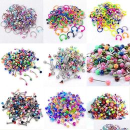 Nose Rings Studs 10Pcs/Set Colour Mixing Fashion Body Piercing Jewellery Acrylic Stainless Steel Eyebrow Bar Lip Barbell Ring Navel E Dhqug