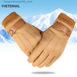 Five Fingers Gloves 2021 Fashion Men Warm Winter Knitted Gloves Leather Suede Mittens Male Thick Thermal Q231206