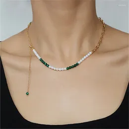 Pendants Brass 18K Gold Plated Vintage Women Necklace Malachite Artificial Pearl Bead Colour Matching Adjustable Jewellery Sweater Chain