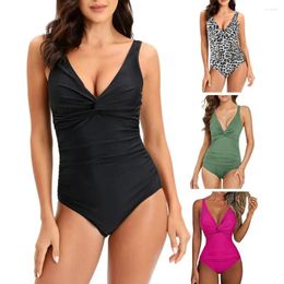 Women's Swimwear Women Beach Monokini Deep V Neck Low-cut Solid Color Sleeveless Padded Swimming No Wire Pleated Lady Bathing Suit Water