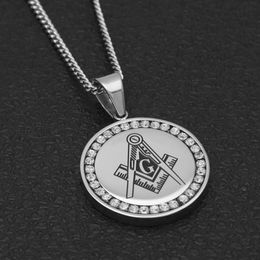 Men Mason Round Pendant Tag Stainless Steel With Clear Rhinestones Masonic Compass&Square Symbol 24 Cuban Chain Necklac304v