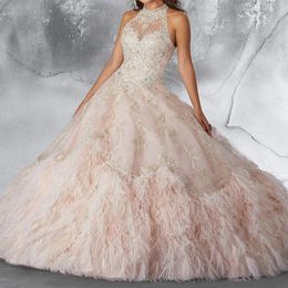 Light Pink Shiny Quinceanera Dresses Ball Gown Birthday Lace Up Applique Lace Beads Tiered Feather Sweet 15 16 Dress vestido de quinceanera