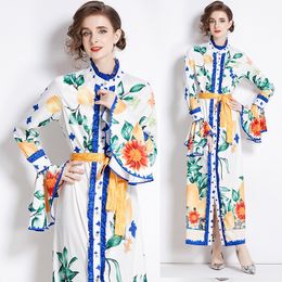 Flare Sleeve Vintage Designer Shirt Dress Woman Mock Neck Slim Lace Up Elegant Print High Waist Vacation Boho Maxi Dresses 2023 Spring Fall Sweet Cute Runway Frocks