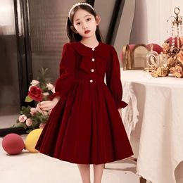 Girl's Dresses Girls Wine Red Long Sleeve Dress Autumn Winter Children Princess Thick Clothes Kids Christmas Party Piano Performance Dresses 231204