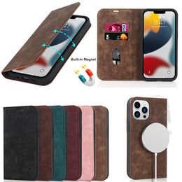 Retro Matte Folio Flip Leather Phone Case For iPhone 14 13 12 15 Pro Max 14 Plus Strong Magnetic Magsafe Wireless Charging Wallet Cards Slot Stand Shockproof Cover