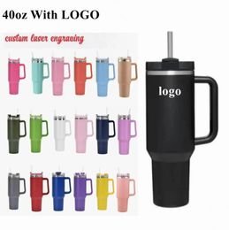 Ship From USA 1:1 same LOGO 40oz Hot Pink Mugs Stainless Steel Tumblers Mugs Cups Handle Straws Big Capacity Beer Water Bottles Camping with Clear/Frosted Lids i1206