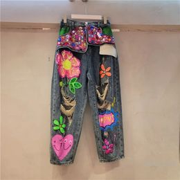 Men's Jeans European Street Personalised Jeans Women Spring and Summer Beads Ripped Jeans High Waist Loose Straight Denim Pants 231206