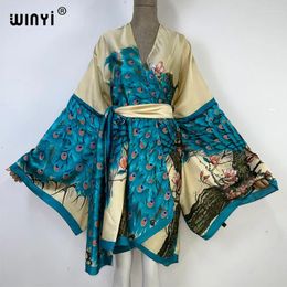 Women's Swimwear WINYI 2023 Africa Summer Print Women Cardigan Stitch Robe Cocktail Sexy Boho Loose Holiday Long Sleeve Silk Kimono With