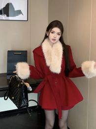 Womens Two Piece Pants Autumn Winter Christmas 2Piece Coat Shorts Set Singlebreasted Fur Collar Cuffs Jacket with BeltSolid 231206