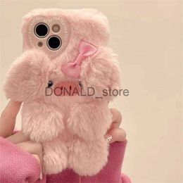 Cell Phone Cases Korean Plush 3D Pink Bow Pig Soft Phone Case For iPhone 14 13 Pro Max 12 Pro 11 Cute Furry Protection Cover J231206