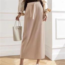 Skirts Autumn Winter Midi Skirt Drawstring Knitted Women High Waist Brown Long Solid Straight Streetwear Black PZ4700