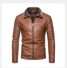 Men's Outerwear Coats Leather Cross border winter plush lapel PU leather jacket for men, Europe and America, fashionable large-sized leather jacket