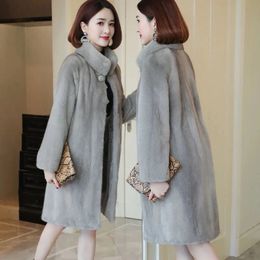 Women's Fur Faux Winter Mink Fleece Coat Women Midi Stand Collar Jacket Thick Warm Loose Female Elegant Parka Outwear Plus Size 231205