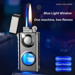 Blue Red Flame Torch Butane No Gas Lighter LED Light Metal Outdoor Camping Windproof Portable Cigar Men's Gift