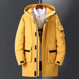 Men s Jackets Arrival Korean Style Mens White Duck Down Winter Jacket Couples Solid Quality Mid length Coat Warm Hooded Overcoat Male 059 231206