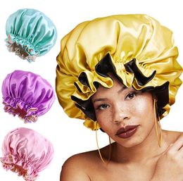 Extra large Women satin silk sleeping bonnet cap Double layer reverse Colour Sleep Hair Hat Female haircare caps Shower hat