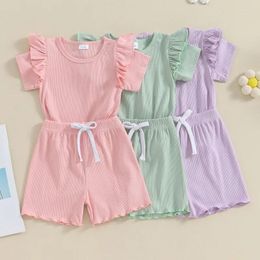Clothing Sets Born Baby Girls Shorts 2 Piece Outfit Summer Clothes Solid Colour Ribbed Ruffle Short Sleeve T-Shirt And Elastic