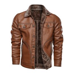 Men's Outerwear Coats Leather Leather jacket winter new lapel motorcycle leather jacket with added velvet and thickened European and American fashion jacket